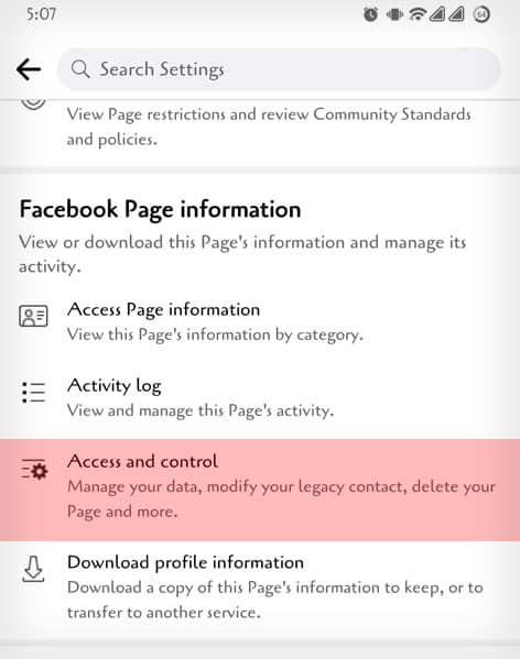 Scroll-down-to-Facebook-Page-Information-and-tap-on-Access-and-Control.