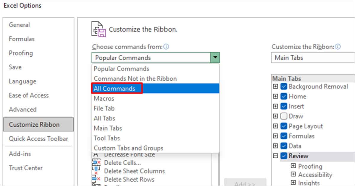 Choose All commands Excel