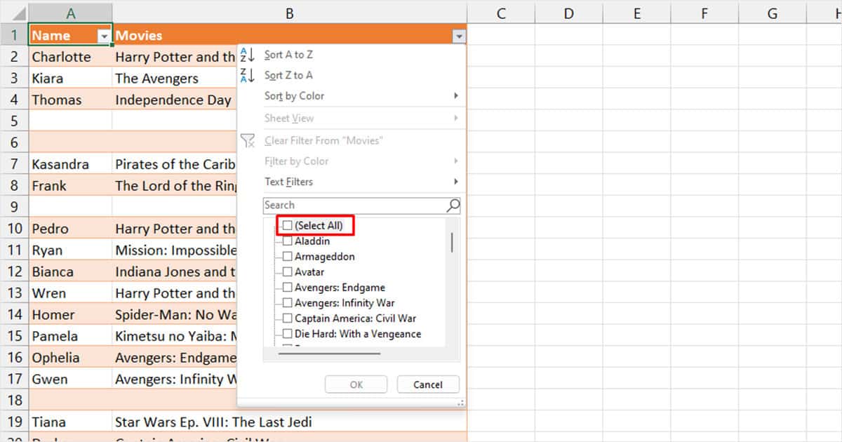 Deselect Select all Excel