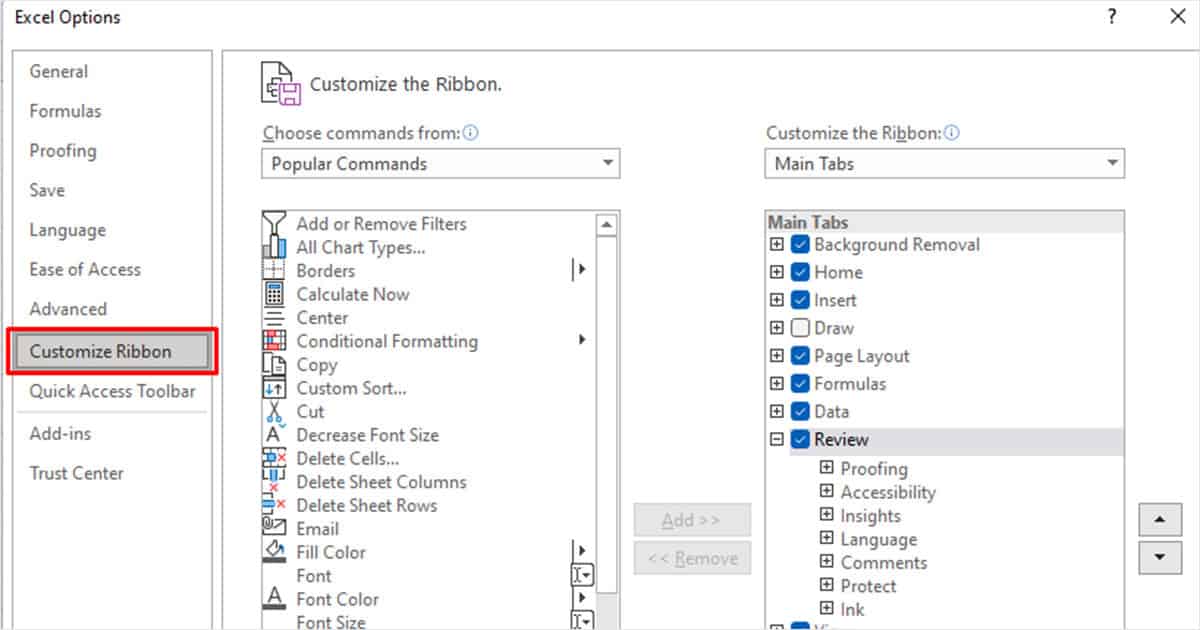Excel Options Customize ribbon