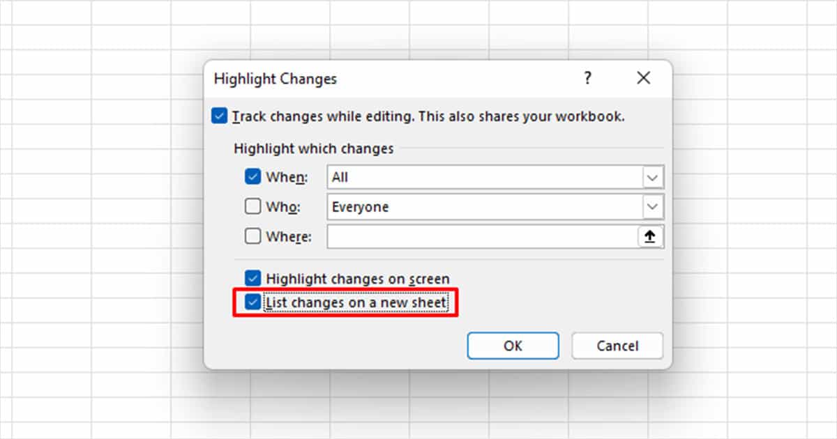 List changes on a new sheet Excel