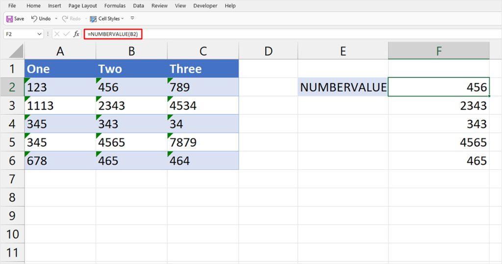 Numbervalue function Excel