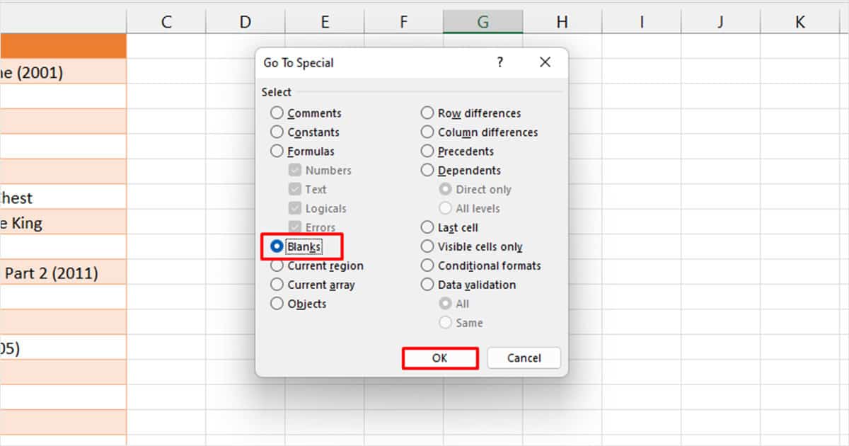 Select Blank Go To Special Excel