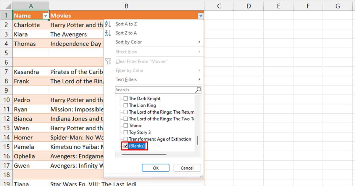 Select Blank Rows Excel