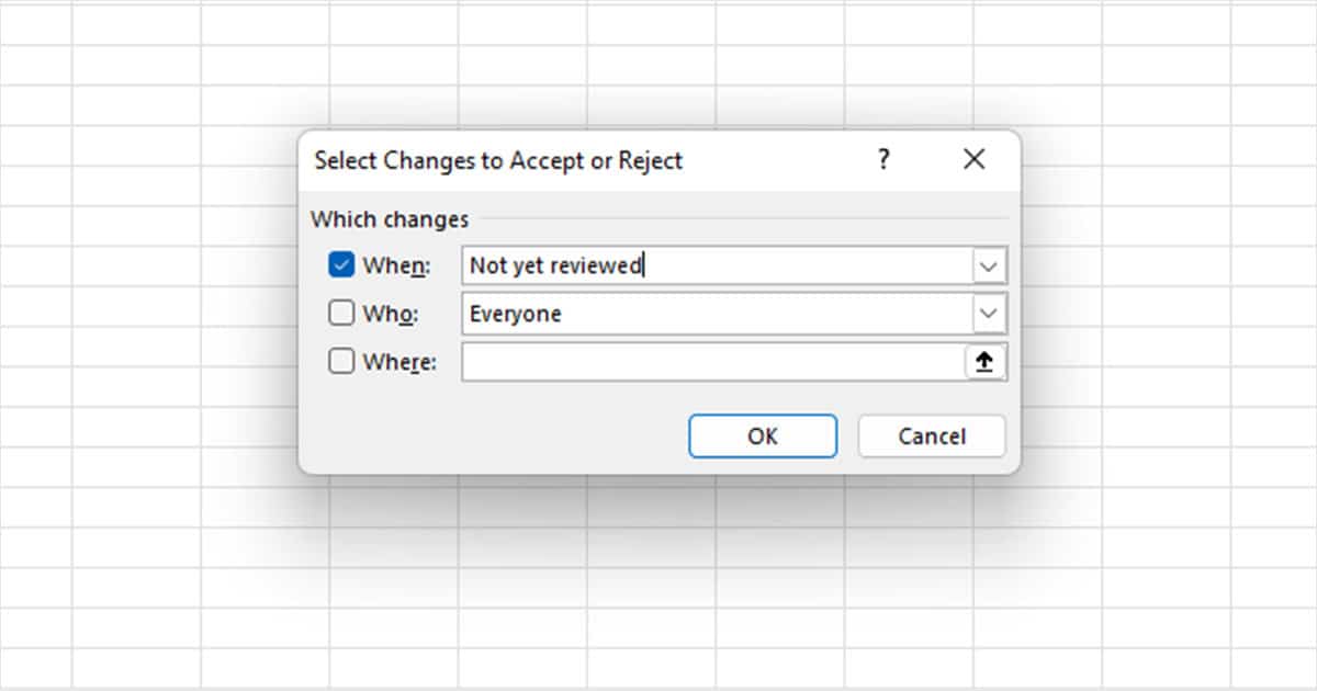 Select Changes popup Excel
