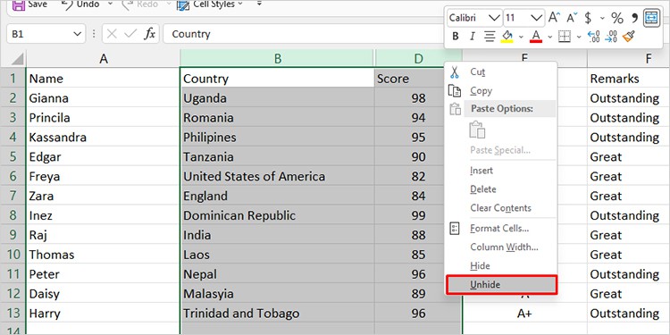 Unhide column Excel