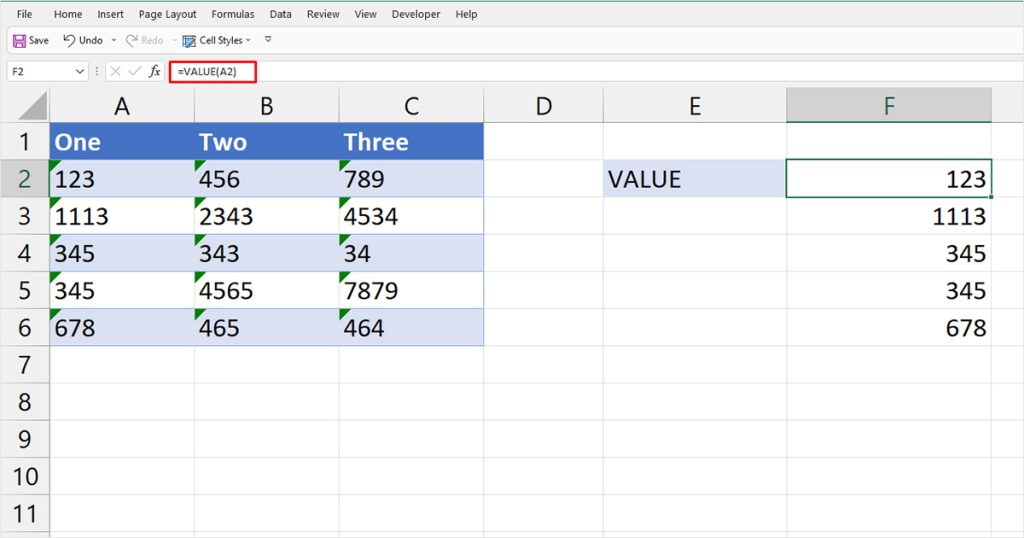 Value function Excel