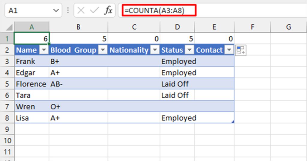 COUNTA function EXcel