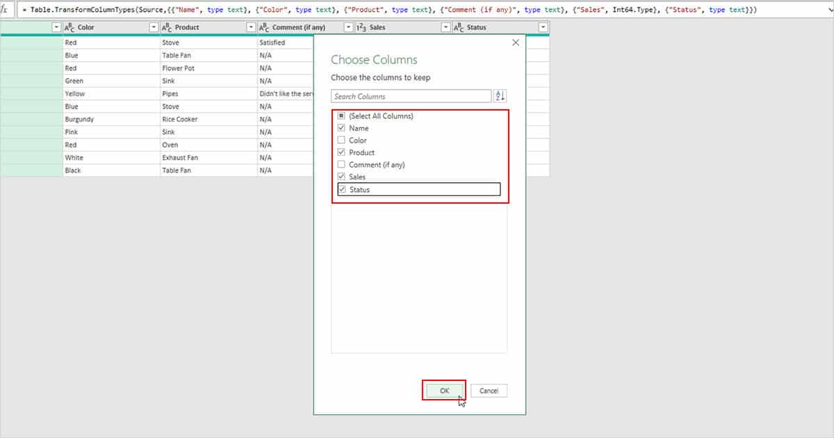 Choose Columns to keep Power Query