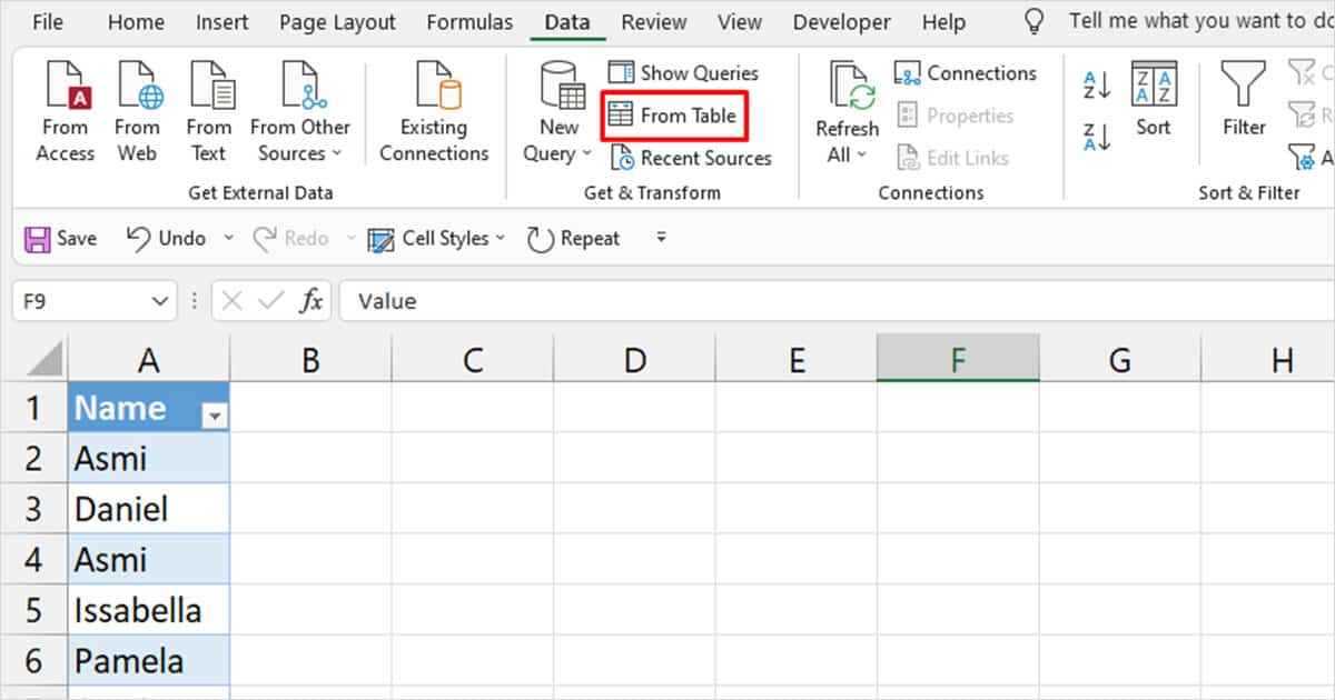 Create new query from table Excel