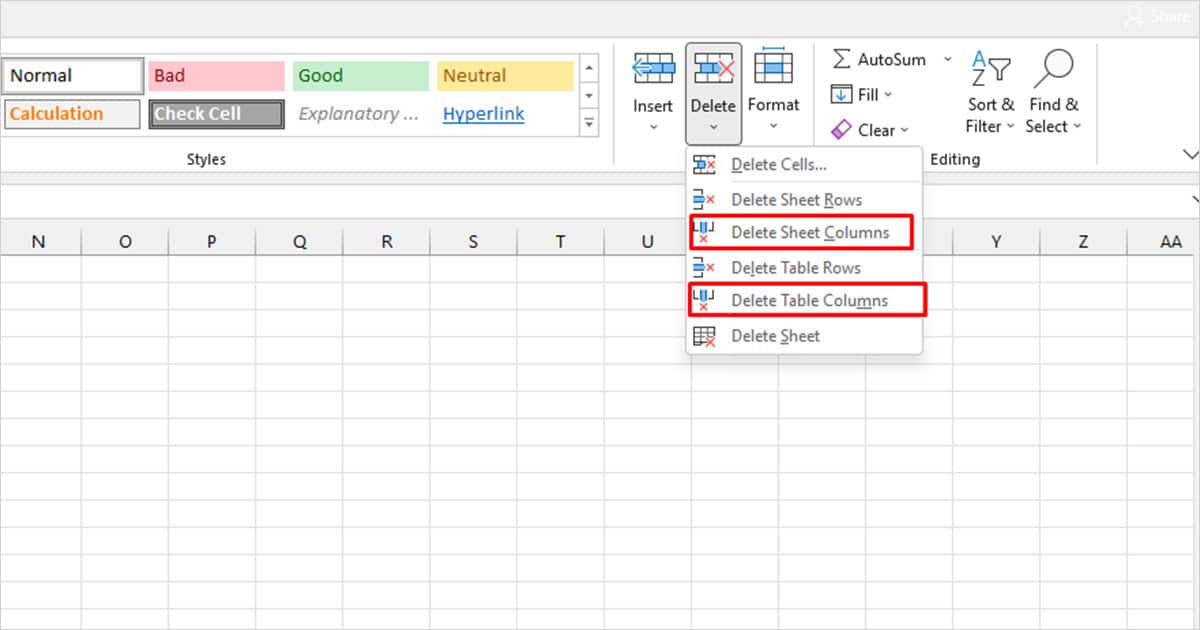 Delete Table or Sheet Column Excel