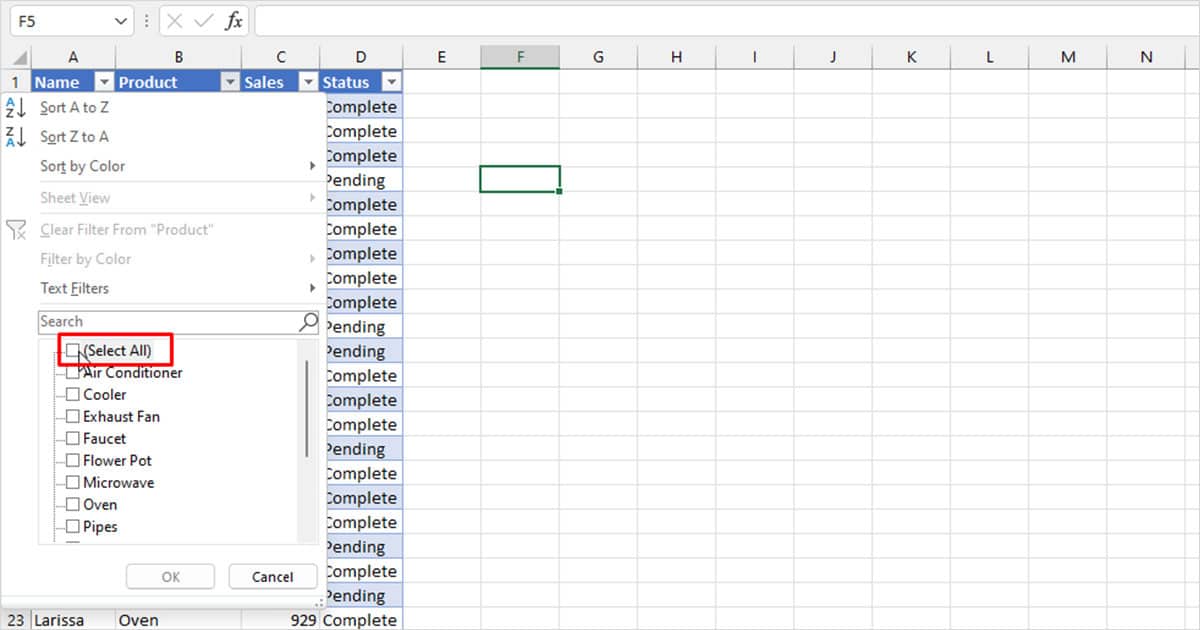 Deselect all Filter tool Excel
