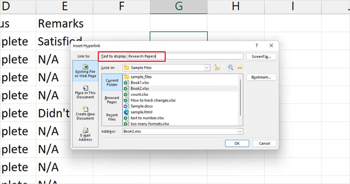Embedded link text to display excel