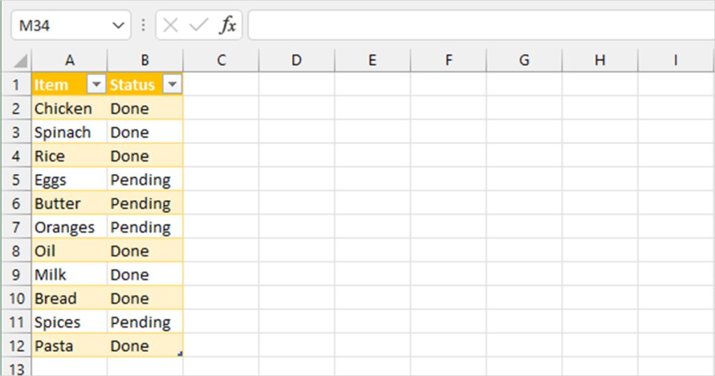 Excel table