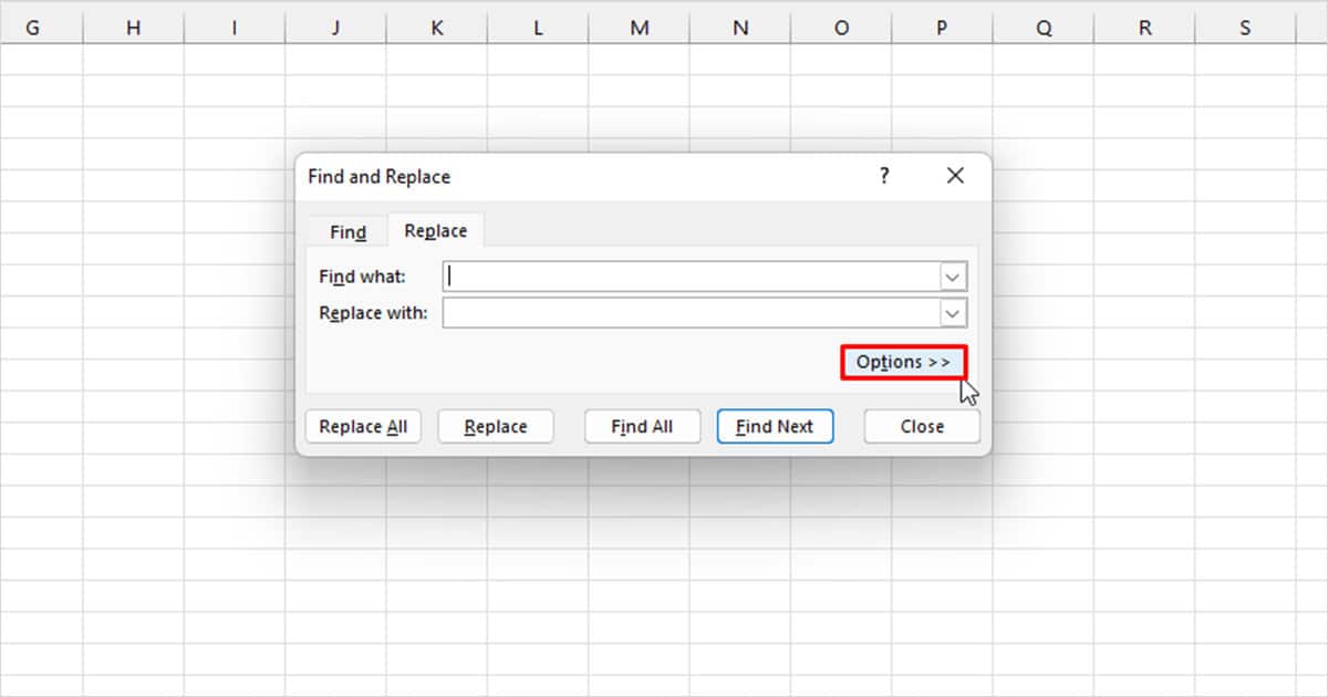 Find and replace Options Excel