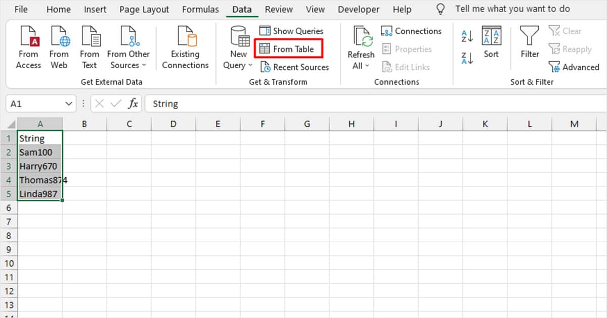 New query from table Excel