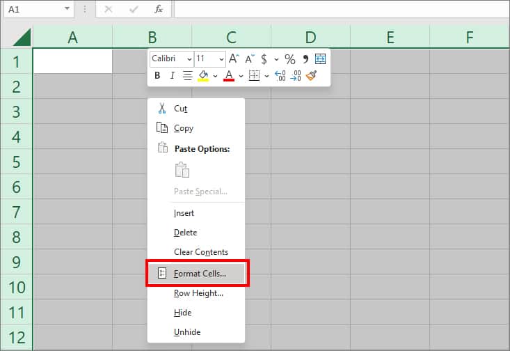 Right-click on the selected area and choose Format Cells