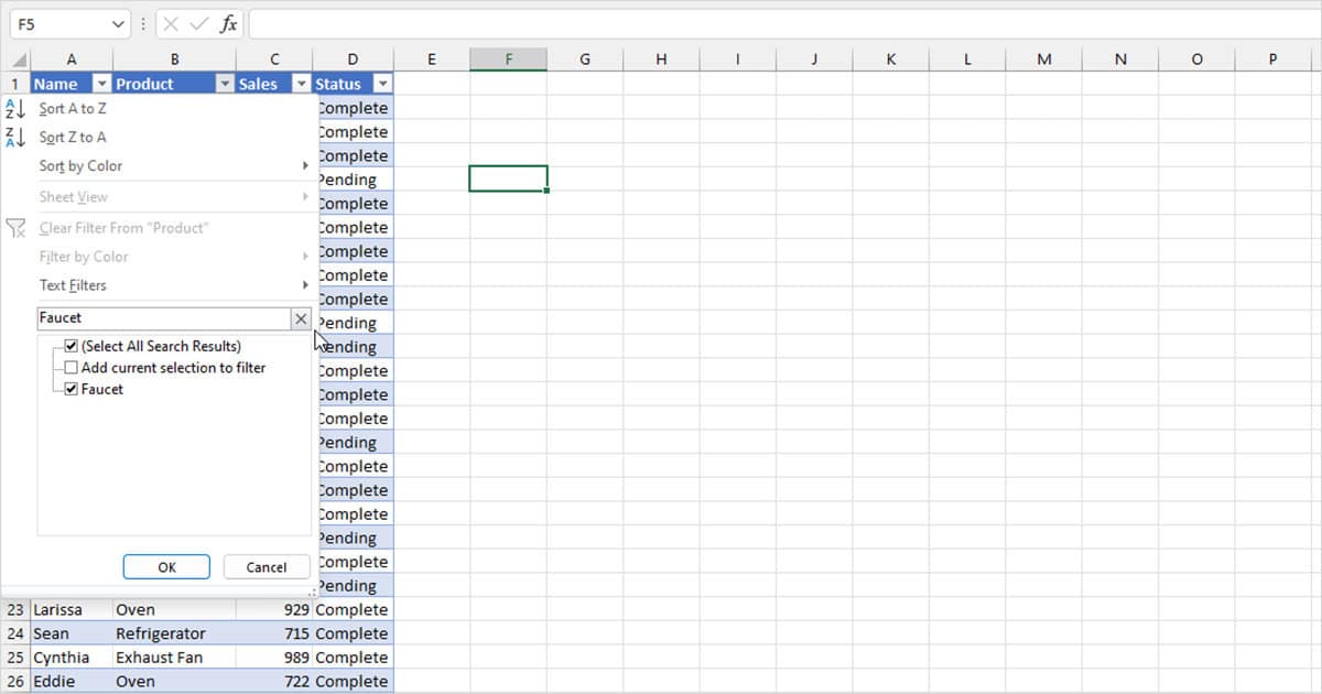 Search result filter tool Excel