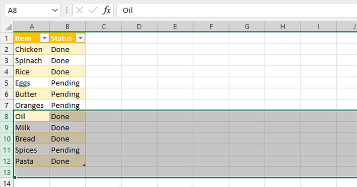 Select Excel rows Excel