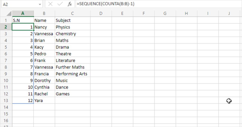 Sequence formula Excel