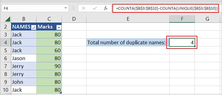 Total-duplicate-names-using-COUNTA-and-UNIQUE-function
