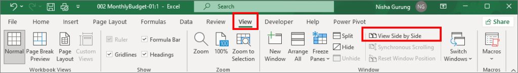 how do i view two excel sheets side by side vertically