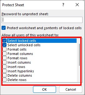 under Allow all users of this worksheet to, check one of the given options