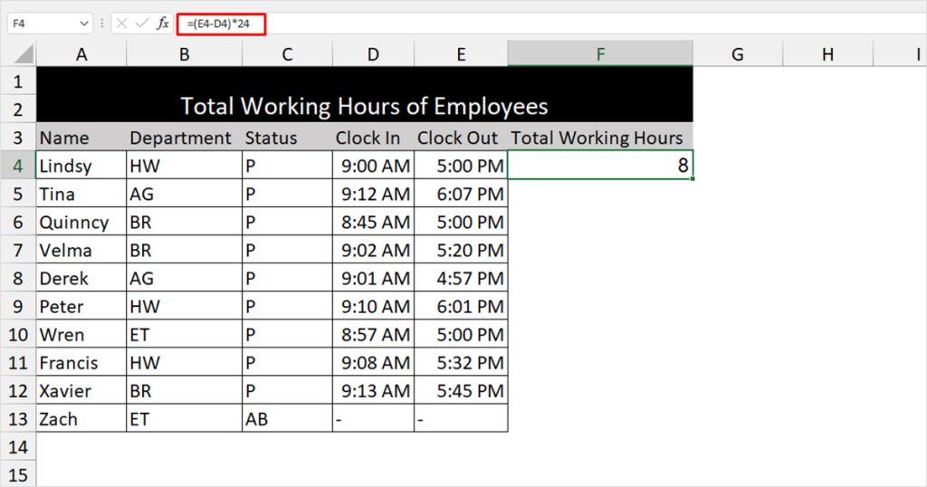 Calculate Total working hours for day shifts