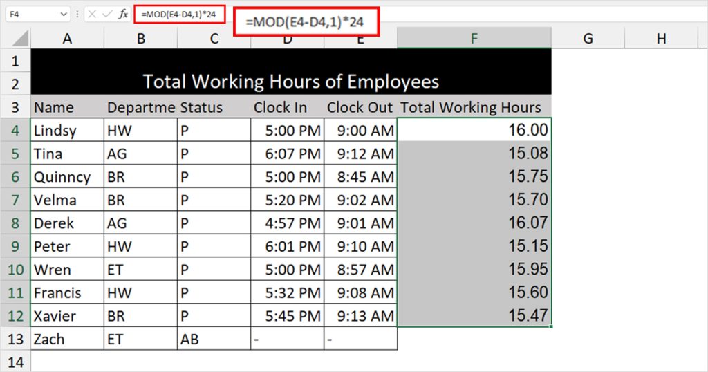 Calculate Total working hours for night shift Excel