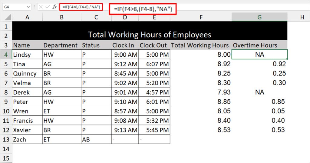 Calculate overtime Excel