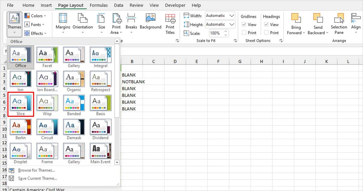 Change Theme to Slice in Excel
