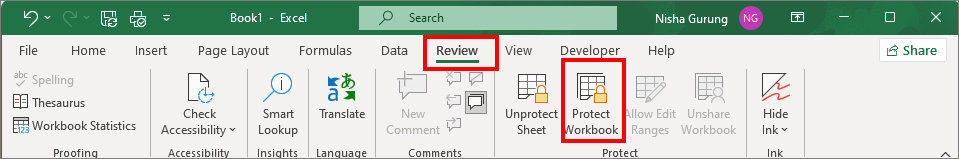 Click Review Tab - Protect Workbook