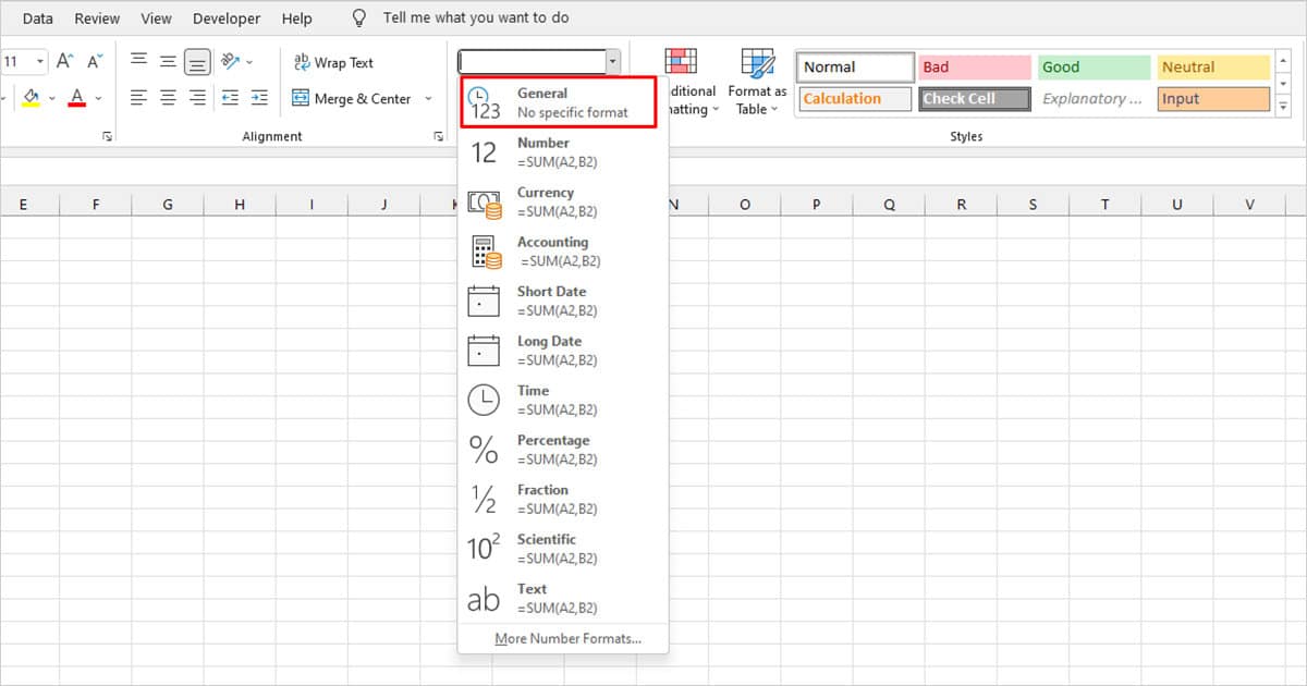 Convert cell to general Excel