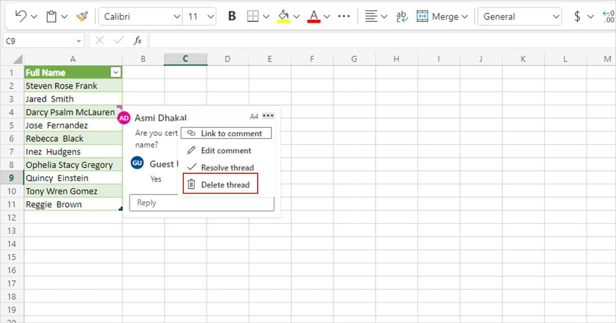 Delete Comment in Excel