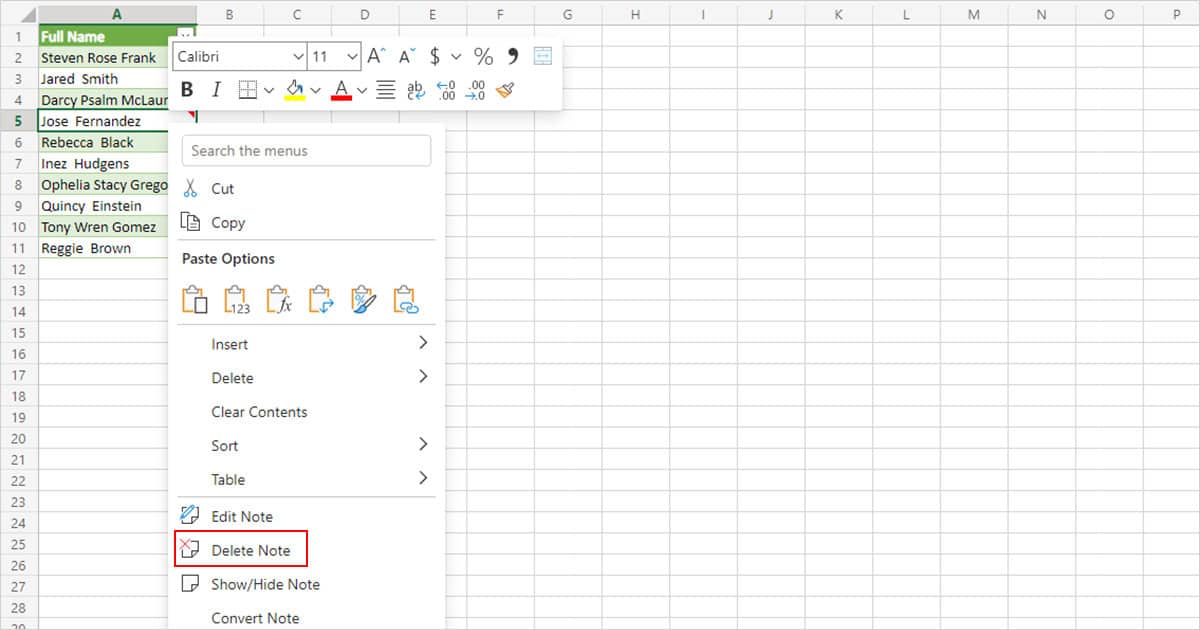 Delete note in Excel