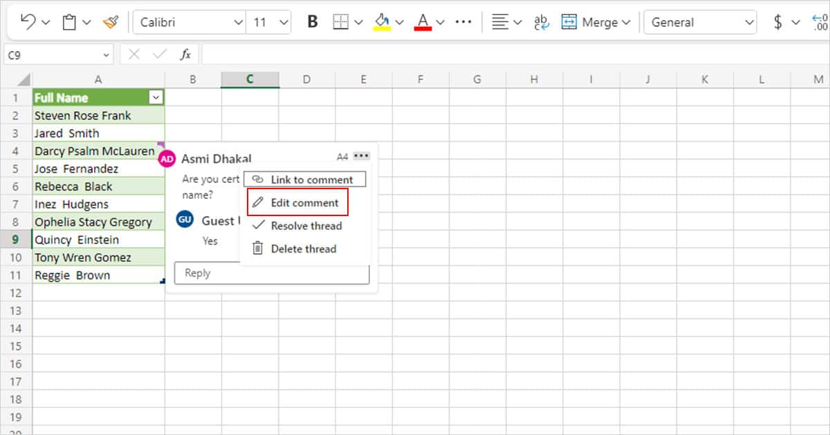 Edit threaded comment Excel