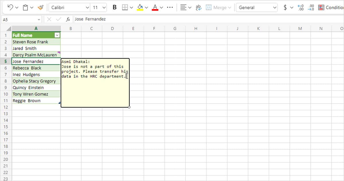 Enter a simple comment in Excel