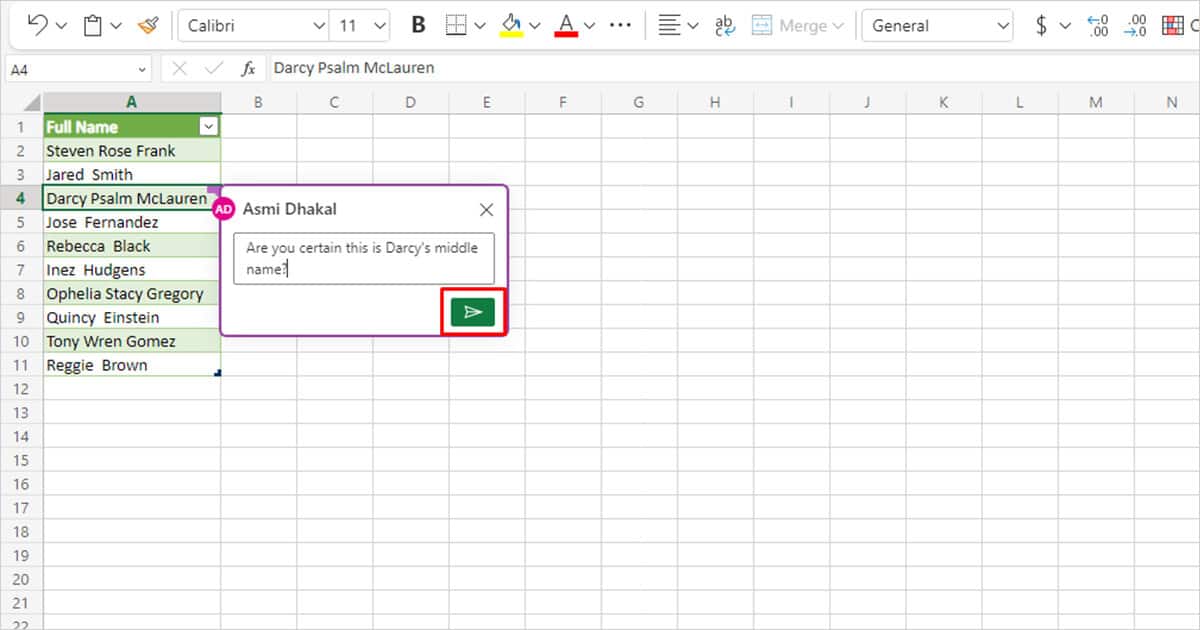 Enter threaded comment Excel