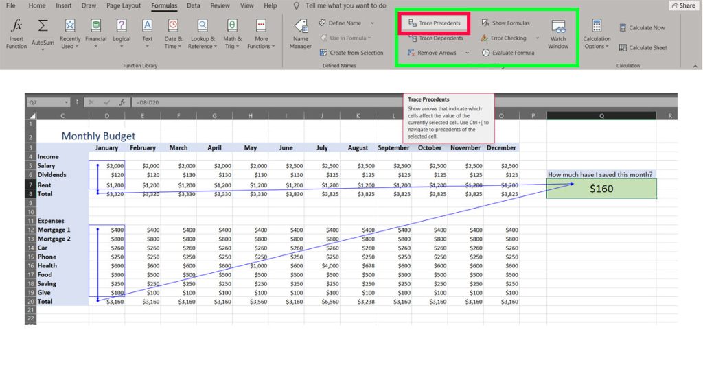 Example of trace precedents