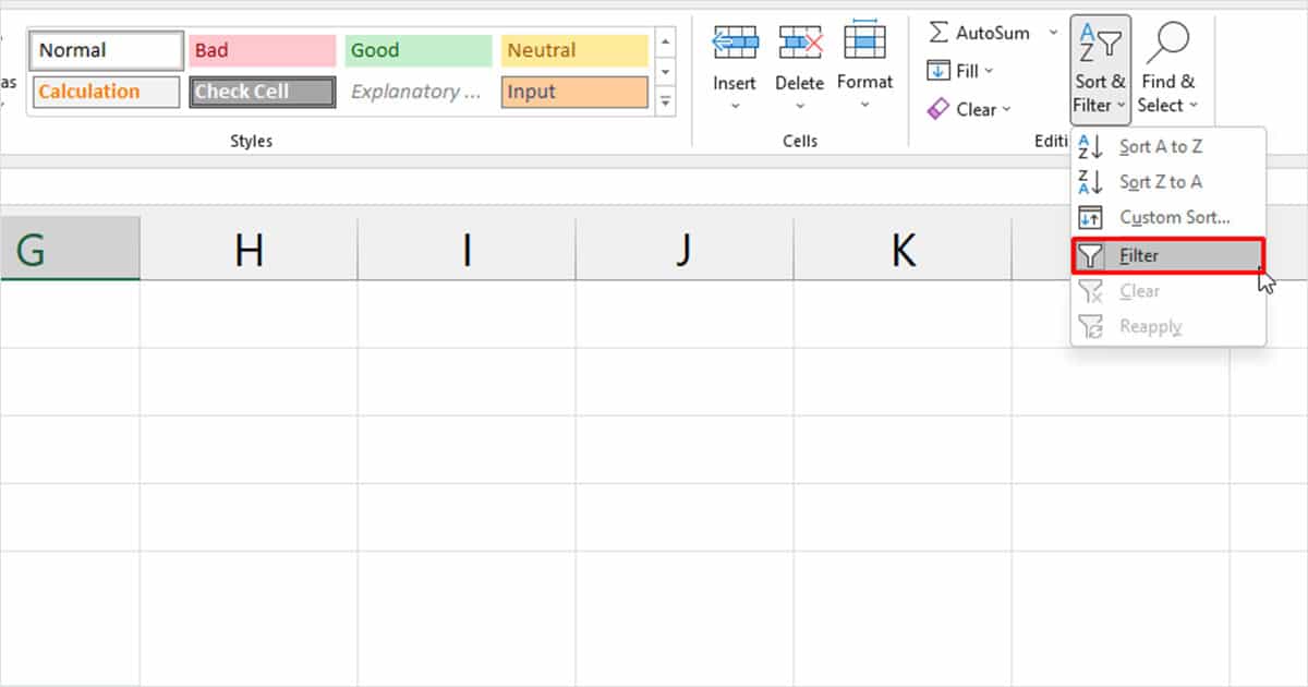Filter tool Excel