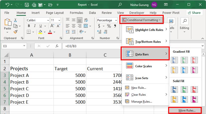 From Home Tab, click on Conditional Formatting. Pick Data Bars-More Rules