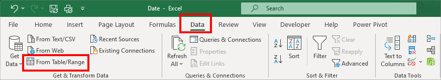 Hover over Data tab. Then, click From Table-Range