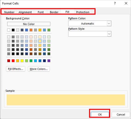In the Format Cells box, click on each tab and select a format to apply