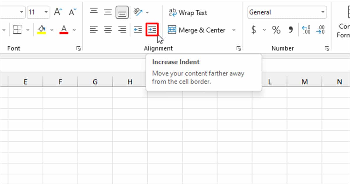 Increase Indent in Excel