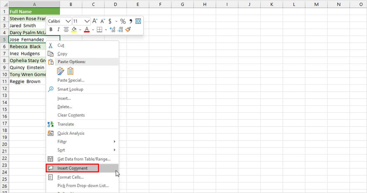 Insert Comment Excel 2016
