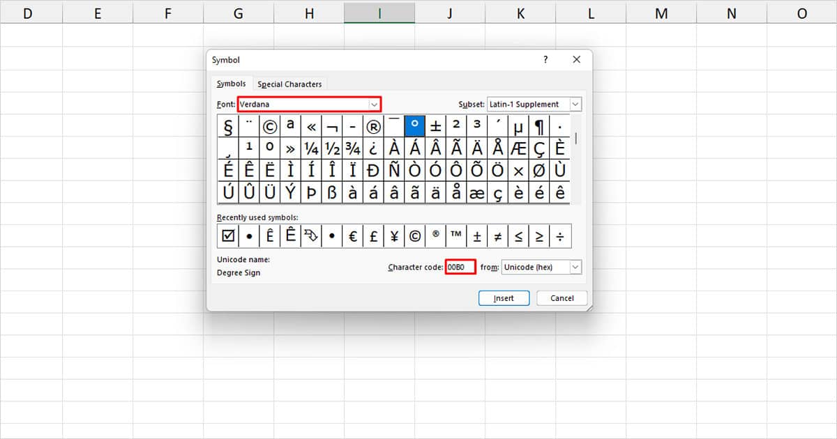 Insert Degree Symbol in Excel