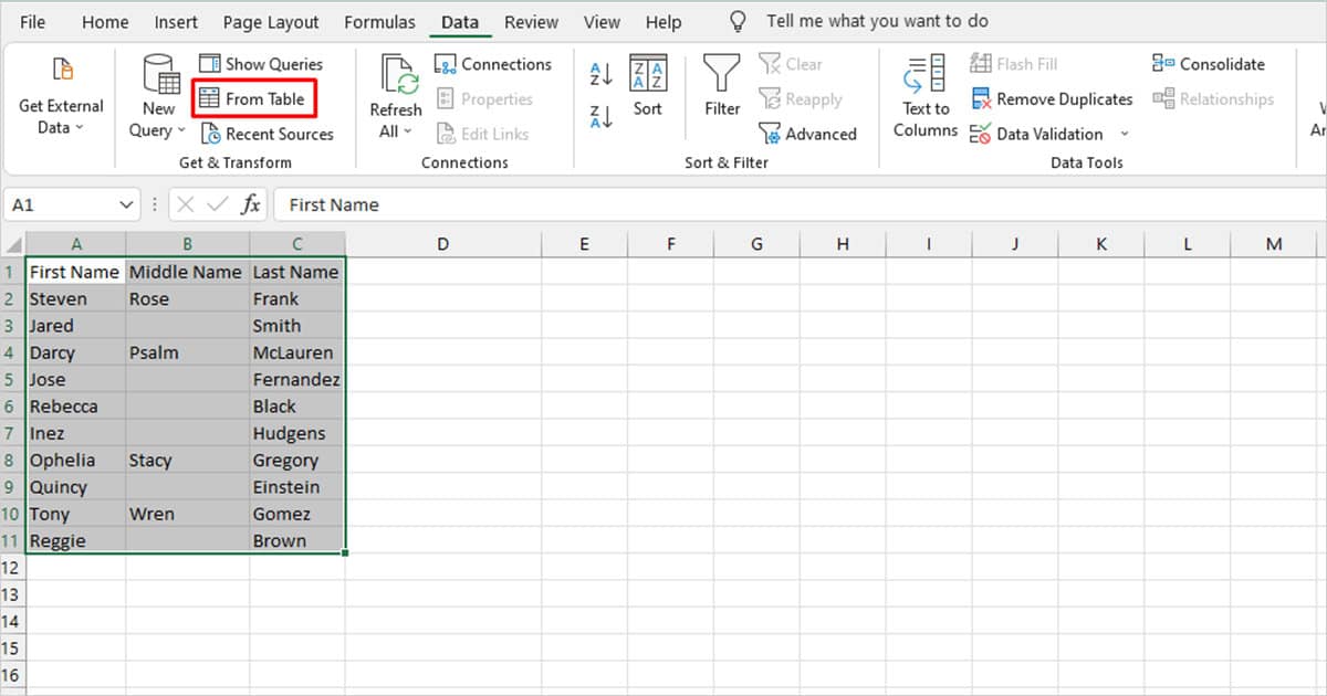 New Query from Table Excel