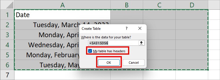 On Create Table window, pick My table has headers