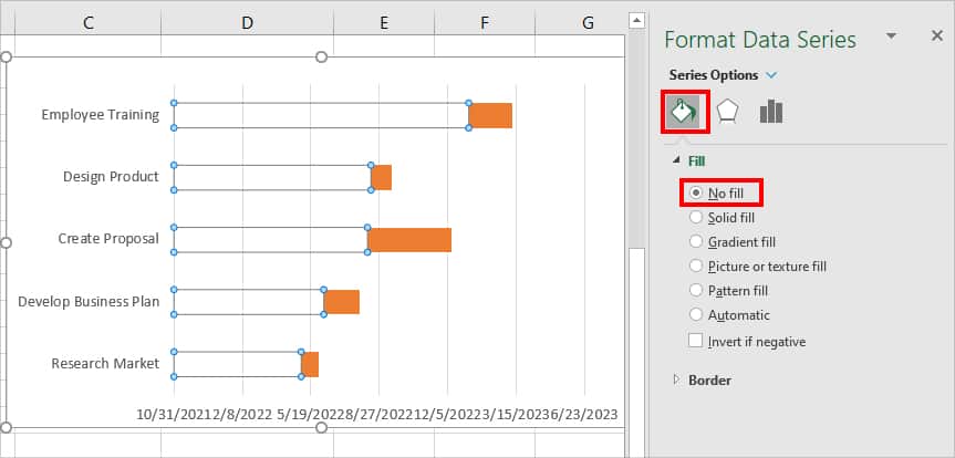 On Format Data Series menu, click on Fill icon. Then, under fill, select No fill
