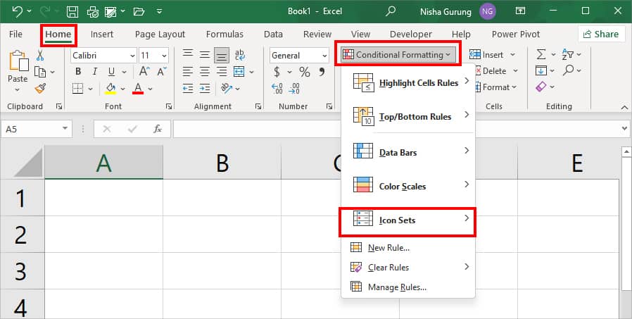 On Home Tab, click on Conditional Formatting- Icon Sets